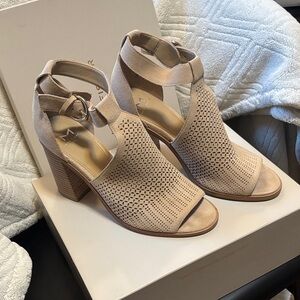Marc Fisher Taupe Peep-Toe Vixen Suede Block Heels